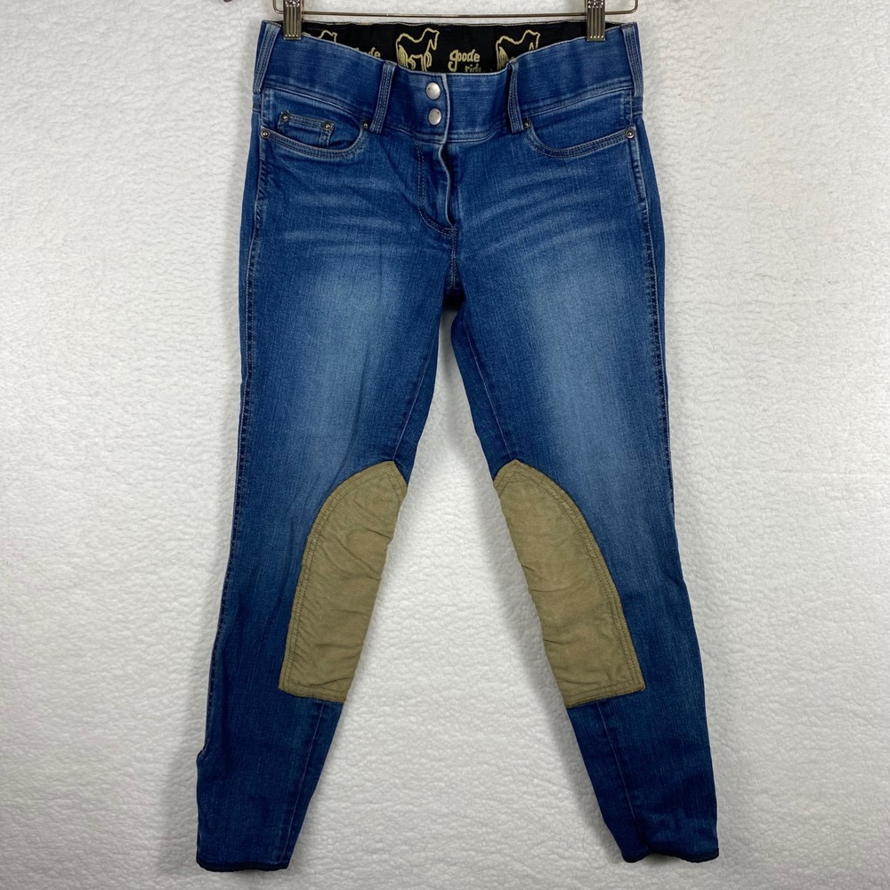 Goode Rider Blue Denim Knee Patch Equestrian Riding Breeches Jeans Womens 28